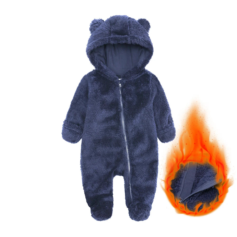2025 Winter Baby Rompers Infant Fleece Bear Hooded Onesies Newborn Baby Boy Girl Zipper Jumpsuit Bodysuit Pyjamas