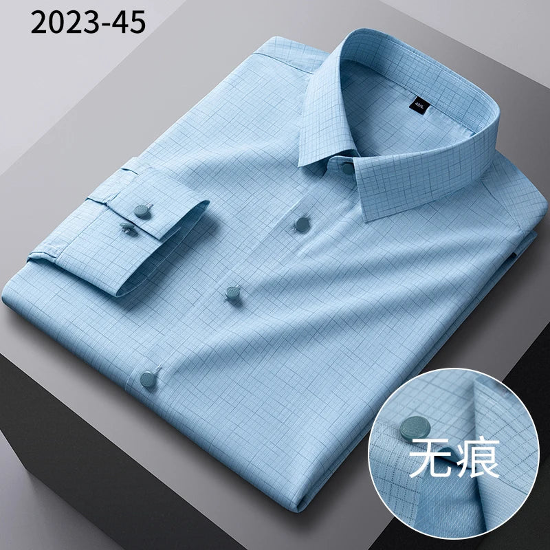 2025New Bamboo Fiber Men's Shirt Fashionable Business Casual Men Clothing Solid Color Elastic No-Iron Easy-Care Long-Sleeved Top