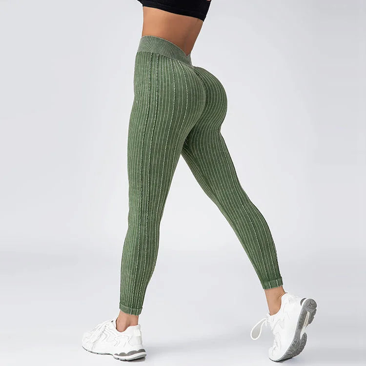 Women Striped Leggings V Back Fashion Gym Outdoor Fitness Athletic Workout Elastic Leggins Yoga Pants Sports Training Tights