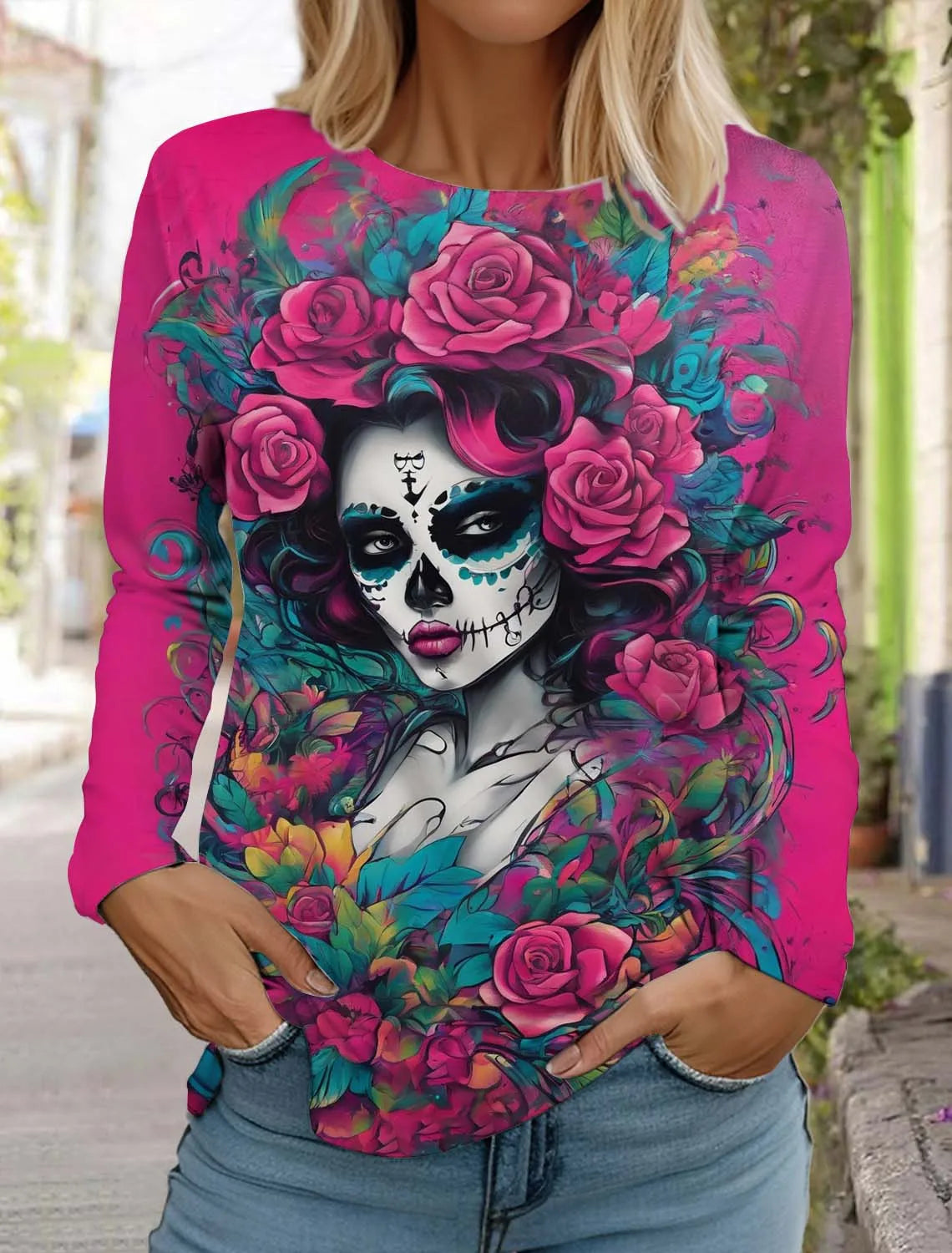 Sugar Skull Pattern Womens Long Sleeve Shirt Day of the Dead Shirts Fashion 3D Printed Tops Summer Gothic style Women's Clothing
