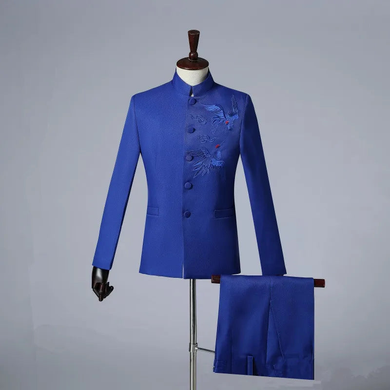 2025 New Men Chinese Style Embroidered Standing Collar Suit 2 Piece Fashion Homme Wedding Prom Party Performance Blazer and Pant