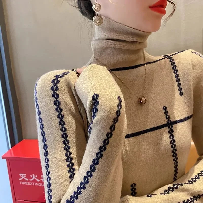 Women Commute Fashion Jacquard Turtleneck Sweaters Autumn Winter Temperament Elegant Elastic Slim Knitted Pullovers