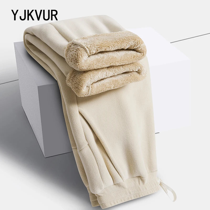 YJKVUR Unisex 2025 Winter New Oversize Pants Men Women Warm Fleece Liner Drawstring Trousers Casual Comfortable Gym Sweatpants