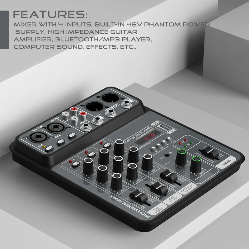 4 Channel Audio Mixer 48V Phantom Power USB Studio Sound Mixers Bluetooth DJ Console Mixing for Karaok