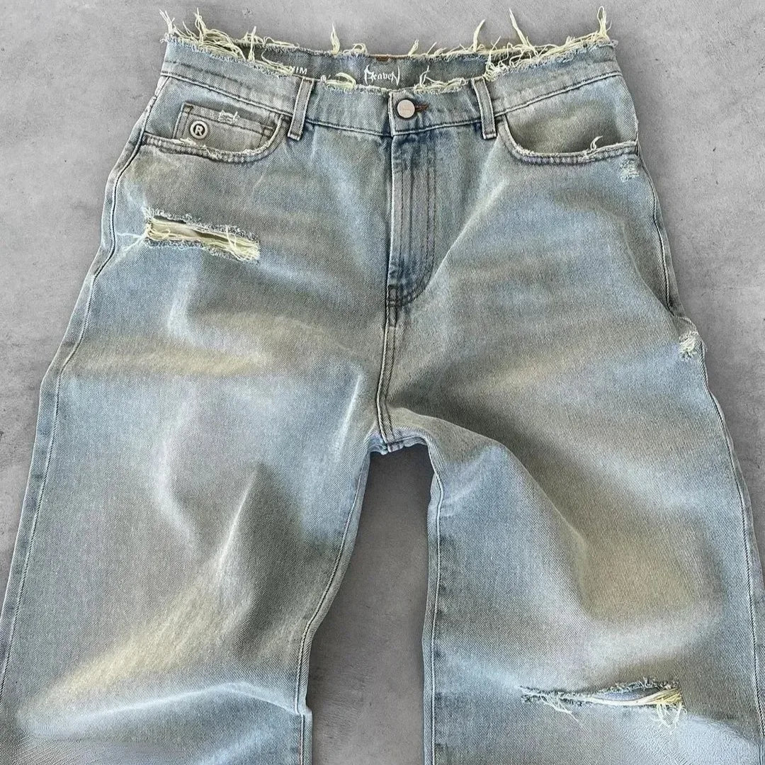 Straight Jeans Distressed Men Jean Ripped Holes Washed Denim Pants Ankle Length Loose Solid Zipper Fly Pockets Casual 2025