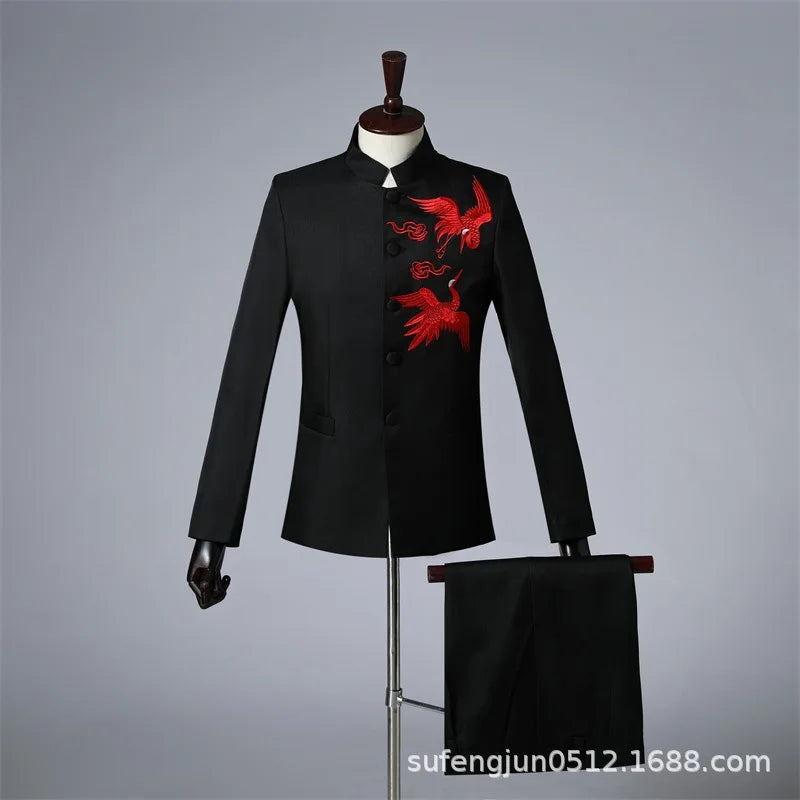 2025 New Men Chinese Style Embroidered Standing Collar Suit 2 Piece Fashion Homme Wedding Prom Party Performance Blazer and Pant