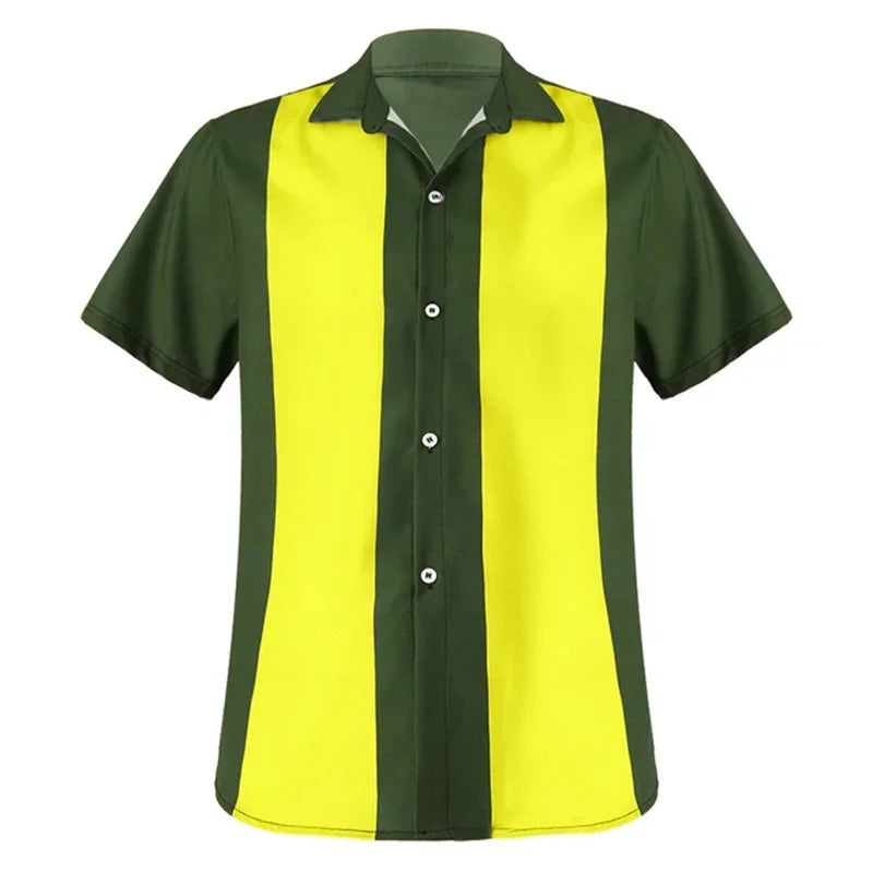 2024 summer new men's bowling shirt Retro short sleeve button casual multi-colored striped notch collar shirt 5XL