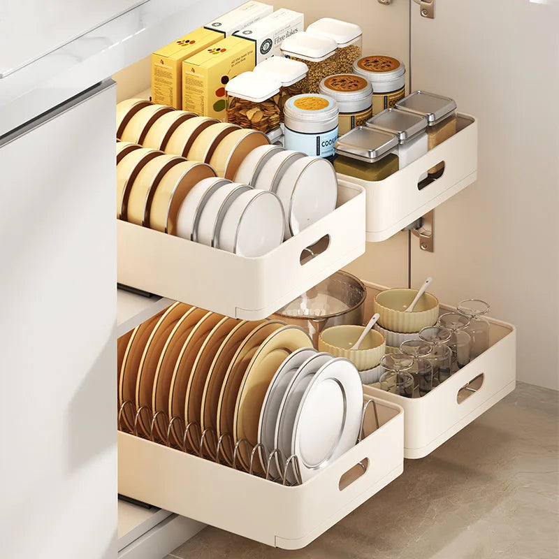 Kitchen Sliding Dish Rack Home Pull-out Drawer Bowl Storage Shelf Dish Drying Storage Box With Sliding Rail Kitchen Storage Rack