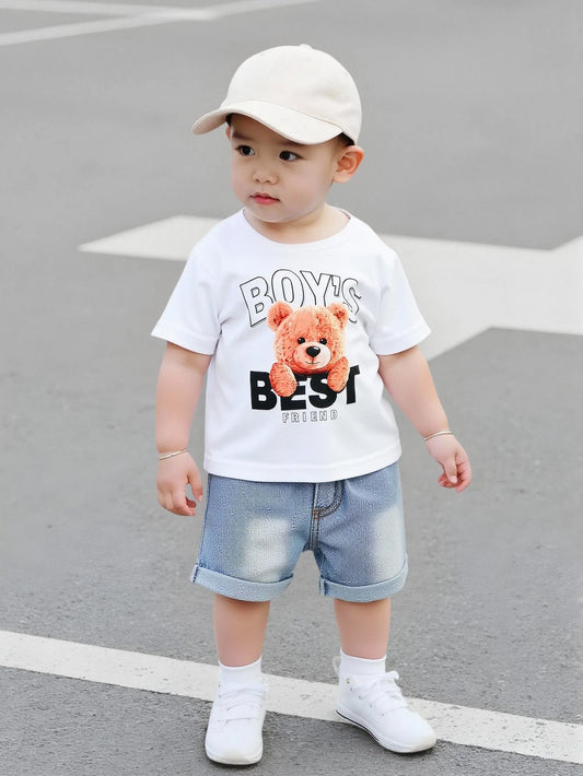 Two piece set of cute letter small bear printed khaki short sleeved round neck T-shirt and blue denim shorts for baby boys