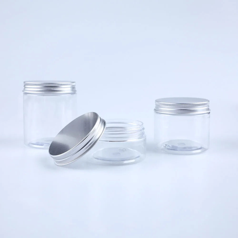 20pcs 250/200/150/100/50ml Empty Cream Jar Transparent Plastic Cosmetic Container with Aluminum Lid Storage Jar Makeup Bottle