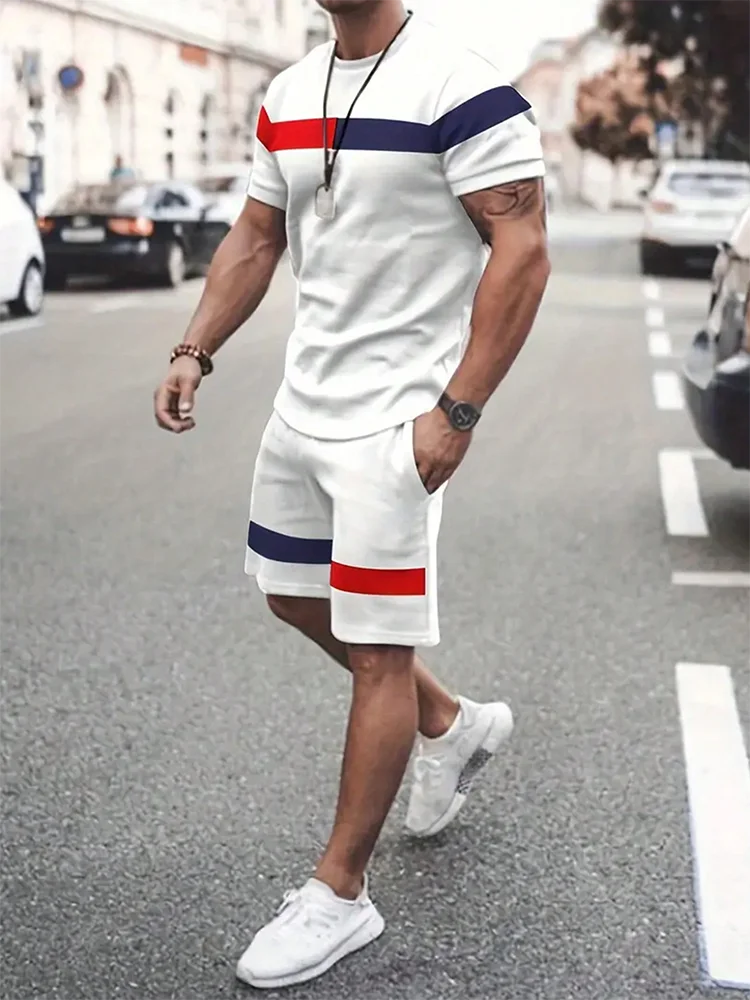 2025 Mens Summer Casual Suit Textured Printed Mixed Color Short Sleeve Outdoor Street Fashion Shorts Two Piece Pocket Loose Suit