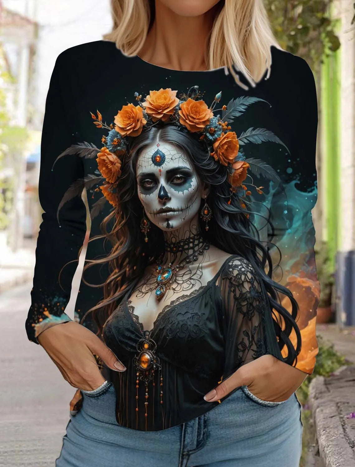Sugar Skull Pattern Womens Long Sleeve Shirt Day of the Dead Shirts Fashion 3D Printed Tops Summer Gothic style Women's Clothing