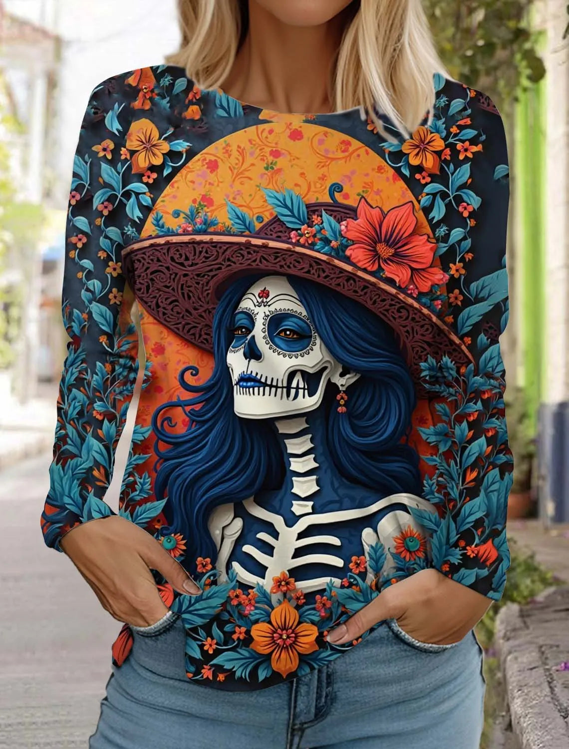 Sugar Skull Pattern Womens Long Sleeve Shirt Day of the Dead Shirts Fashion 3D Printed Tops Summer Gothic style Women's Clothing