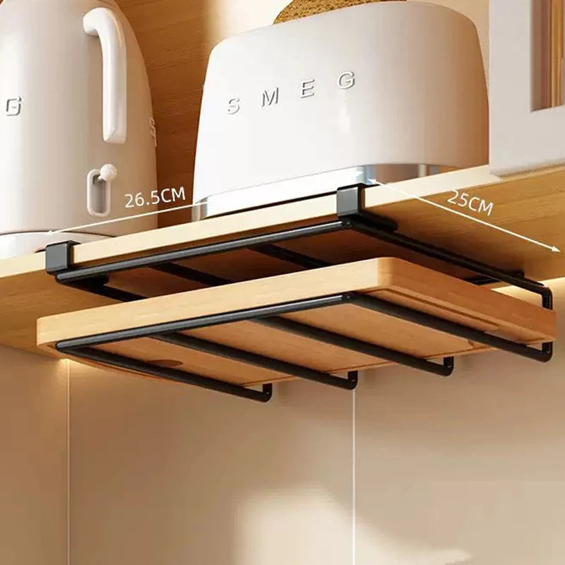 WV Kitchen Under Cupboard Hanging Organizer Rack with Hook Paper Towel Rags Hanger Cutting Board Pot Cover Holder Storage Shelf