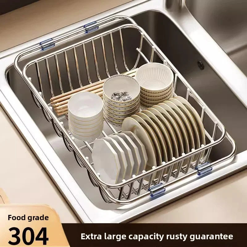 Telescopic Stainless Steel Sink Drain Basket Dishwashing Rack Kitchen Storage Organizer for Utensils And Dishes