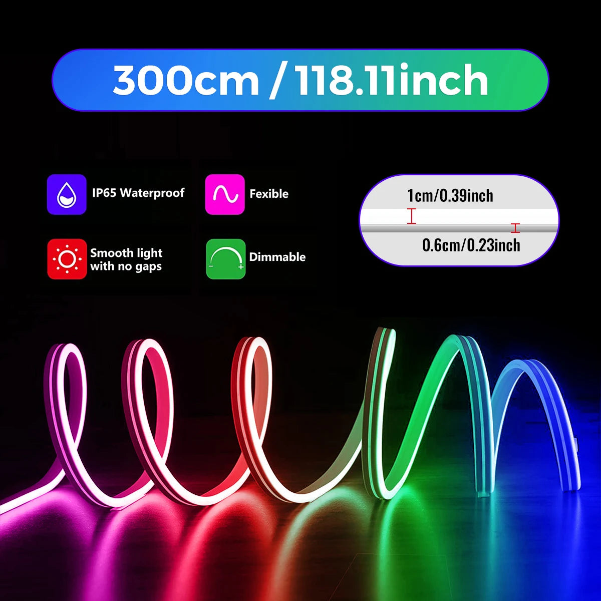 10M/5M/3M Neon WIFI RGB Led Strip Lights Outdoor Waterproof with Music Sync, 108leds/m DIY Tape with Remote and App for Bedroom