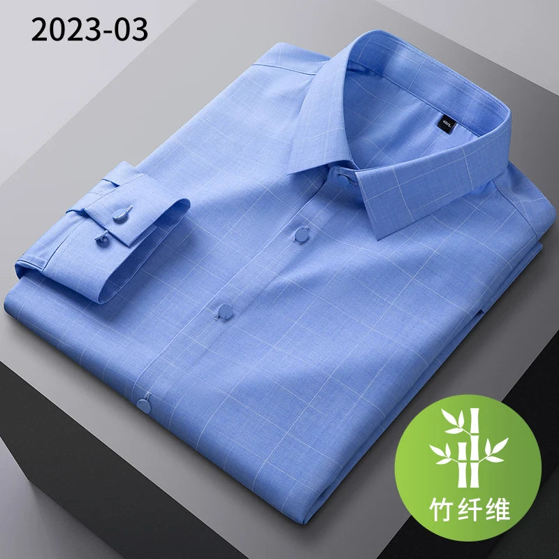 2025New Bamboo Fiber Men's Shirt Fashionable Business Casual Men Clothing Solid Color Elastic No-Iron Easy-Care Long-Sleeved Top