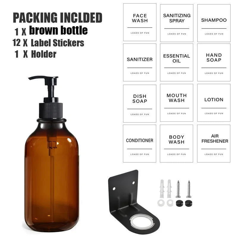1/2/3PCS 500ML Brown Soap Dispenser With Lables Wall Mount Lotion Bottle Shower Gel Shampoo Empty Container For Bathroom Kitchen