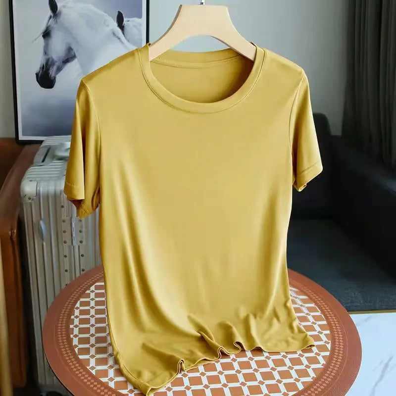 Fashion 2025 New Korean Women's Modal ONeck Short Sleeve T-Shirt Coffee Solid Color Casual Summer Lady Clothing Tee Basic Top