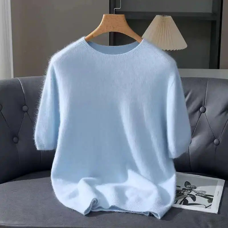 100% Mink Cashmere Knit Sweater Men's T-Shirt Spring Summer Loose O-Neck Solid Color Casual Business Base Pullover Short Sleeve