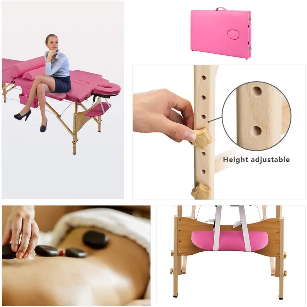 3 Sections Folding Portable Massage Table Set,Height Adjustable Body and Beauty Massage Bed,Spa Facial Salon Tattoo Bed