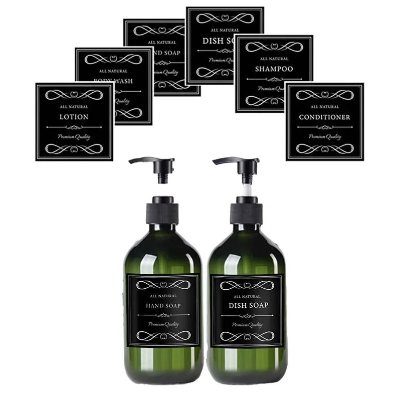 2pcs Brown Green Lotion Bottles 500ML Soap Dispenser Round Bottles with 6 Pieces/12 Pieces Black Label Bathroom Accessories