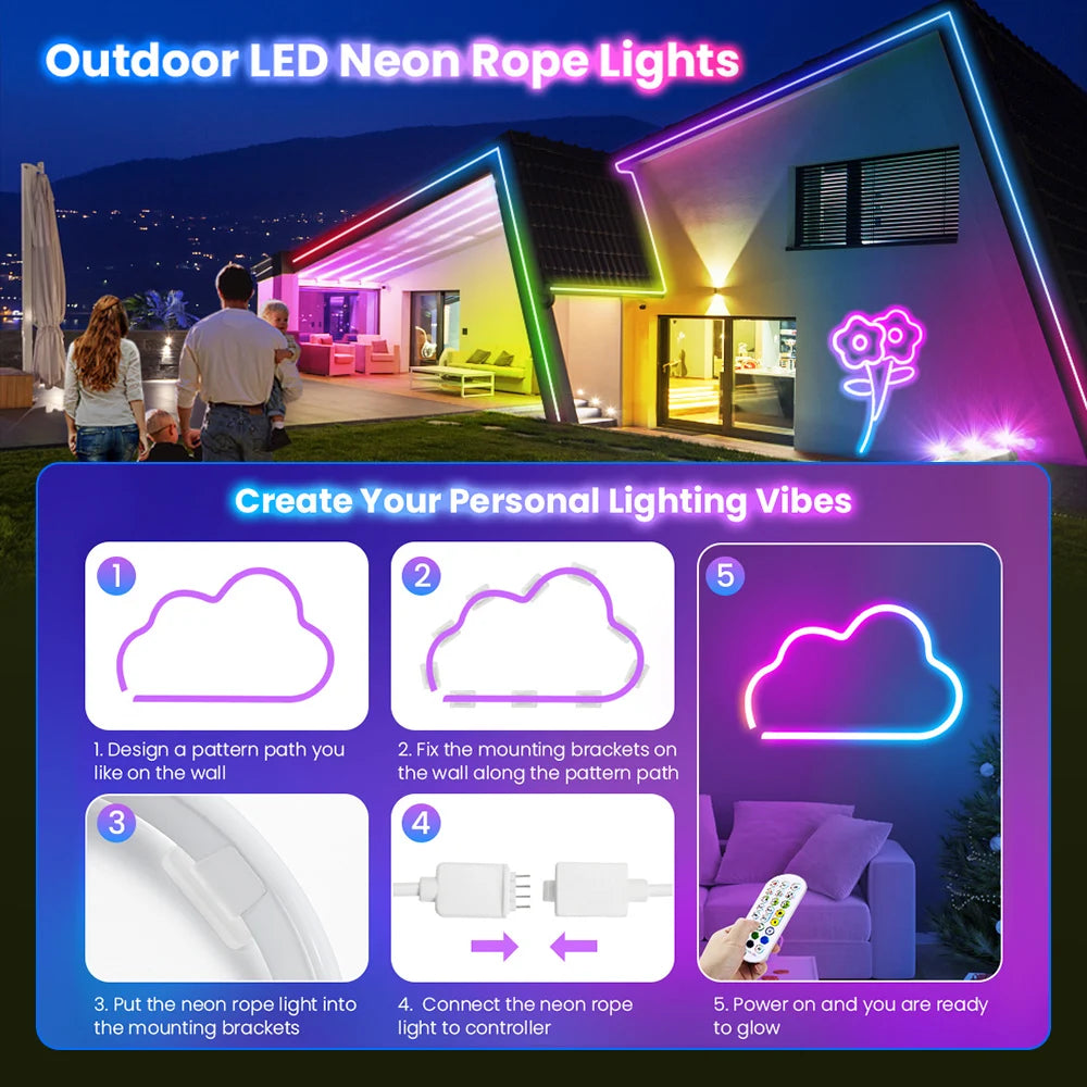 10M/5M/3M Neon WIFI RGB Led Strip Lights Outdoor Waterproof with Music Sync, 108leds/m DIY Tape with Remote and App for Bedroom