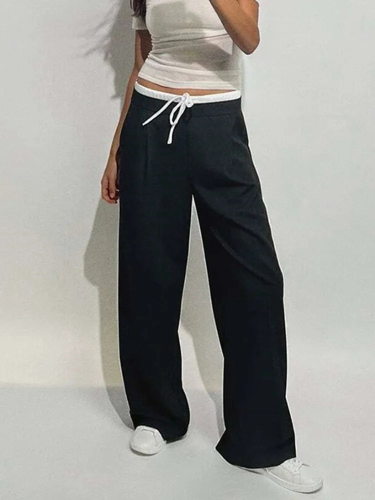 SIYANG  2024 Women Fashion Vintage Solid Straight Pants Side Zipper Drawstring Casual Trousers Spring New Female Wide Leg Pants