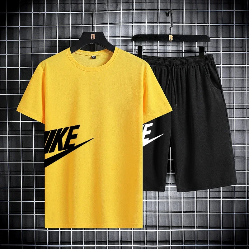 2025 New Fashion Trend Men's summer short-sleeved T-shirt set, men's casual sports fitness running shorts two-piece set