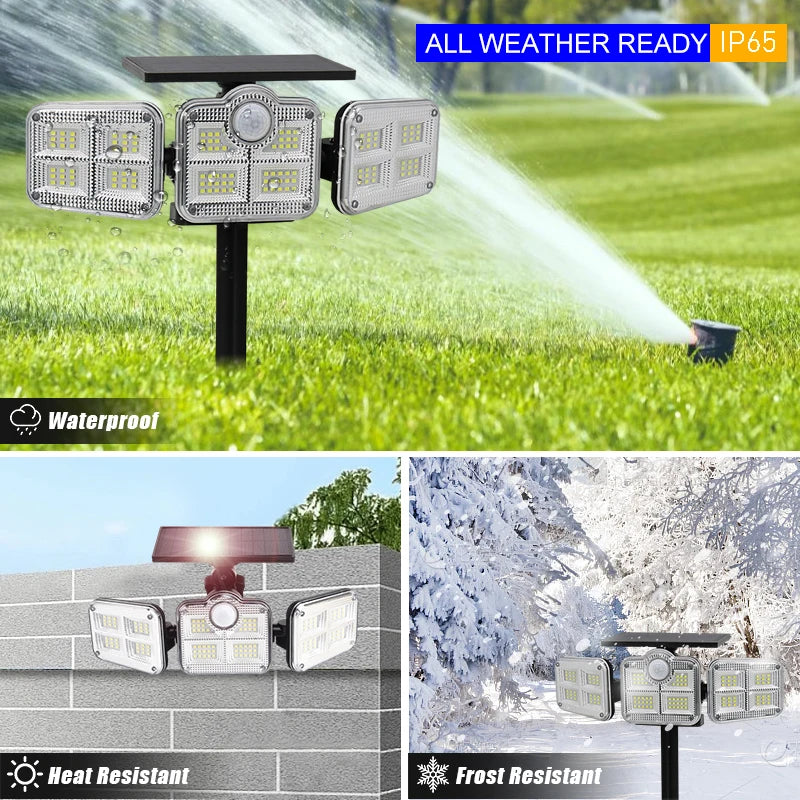 2pcs Outdoor 122 LED Solar SpotLight Security Light Remote Control 3 Heads Motion Sensor Wide Angle Flood Wall Light 3 Modes