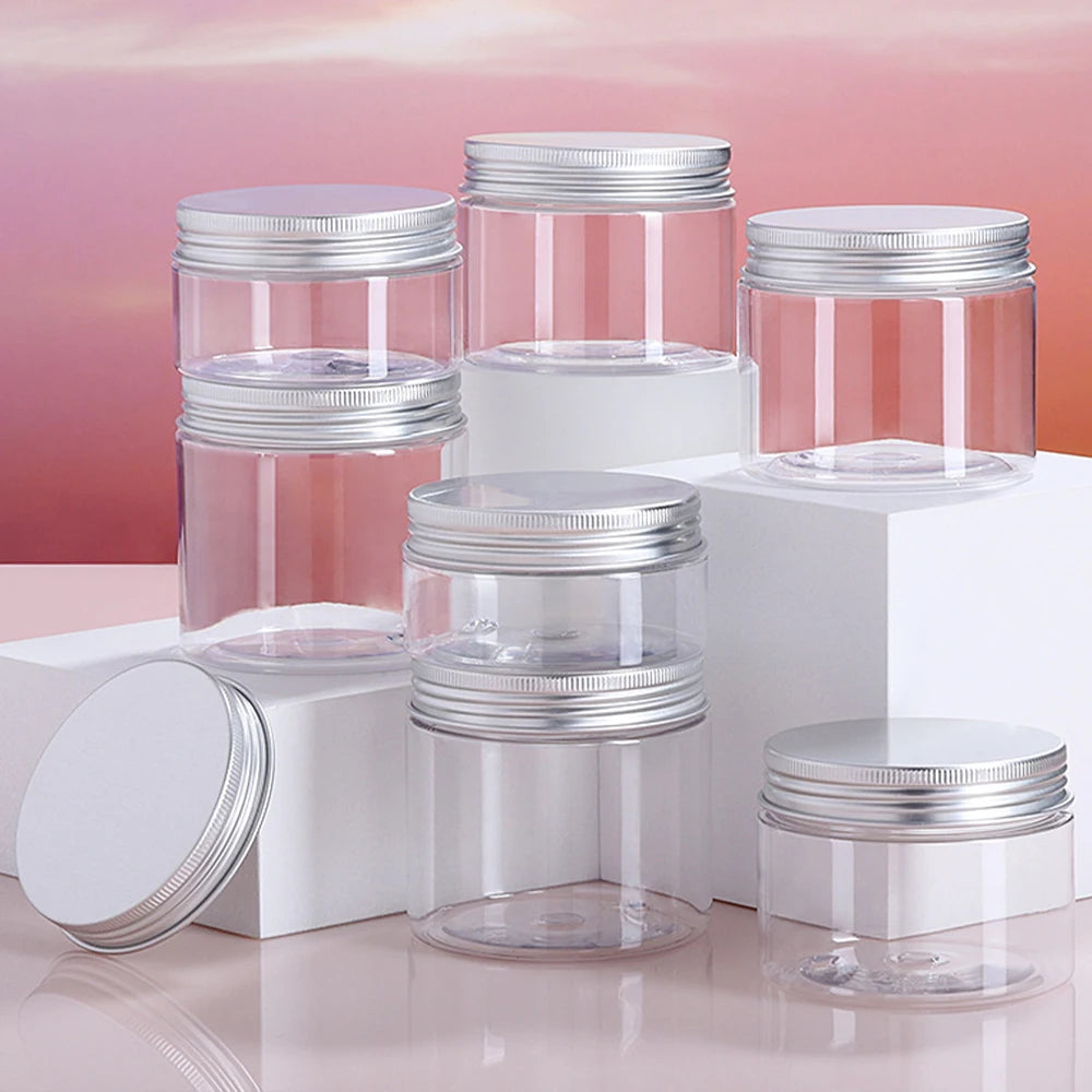 20pcs 250/200/150/100/50ml Empty Cream Jar Transparent Plastic Cosmetic Container with Aluminum Lid Storage Jar Makeup Bottle