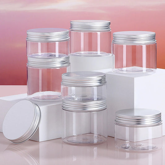 20pcs 250/200/150/100/50ml Empty Cream Jar Transparent Plastic Cosmetic Container with Aluminum Lid Storage Jar Makeup Bottle