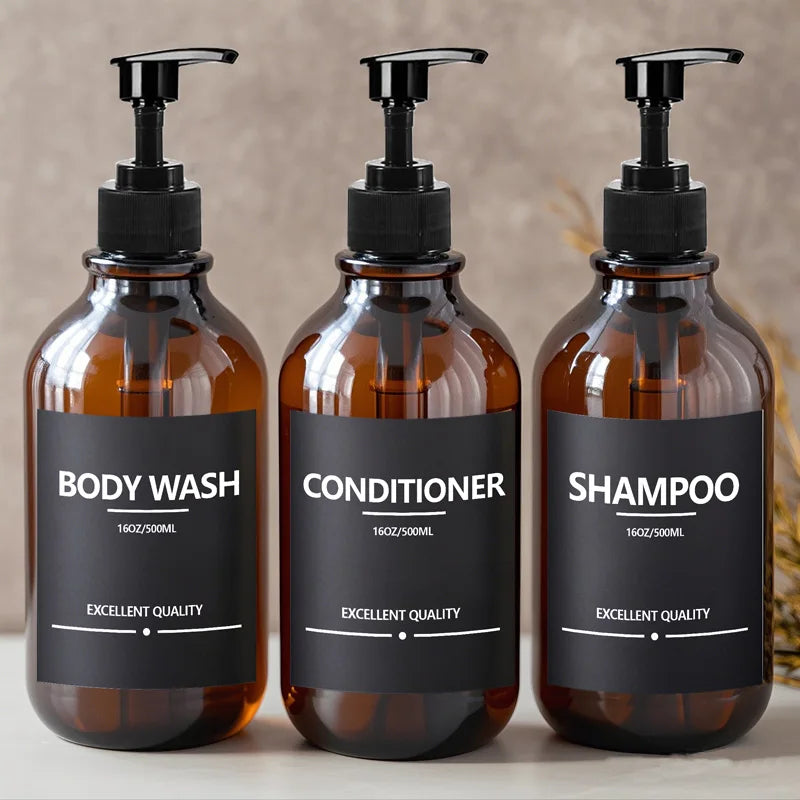 1-3PCS 500ML Brown Soap Dispenser With Label Refillable Shampoo Empty Pump Bottle Kitchen Bathroom Hand Wash Body Wash Container