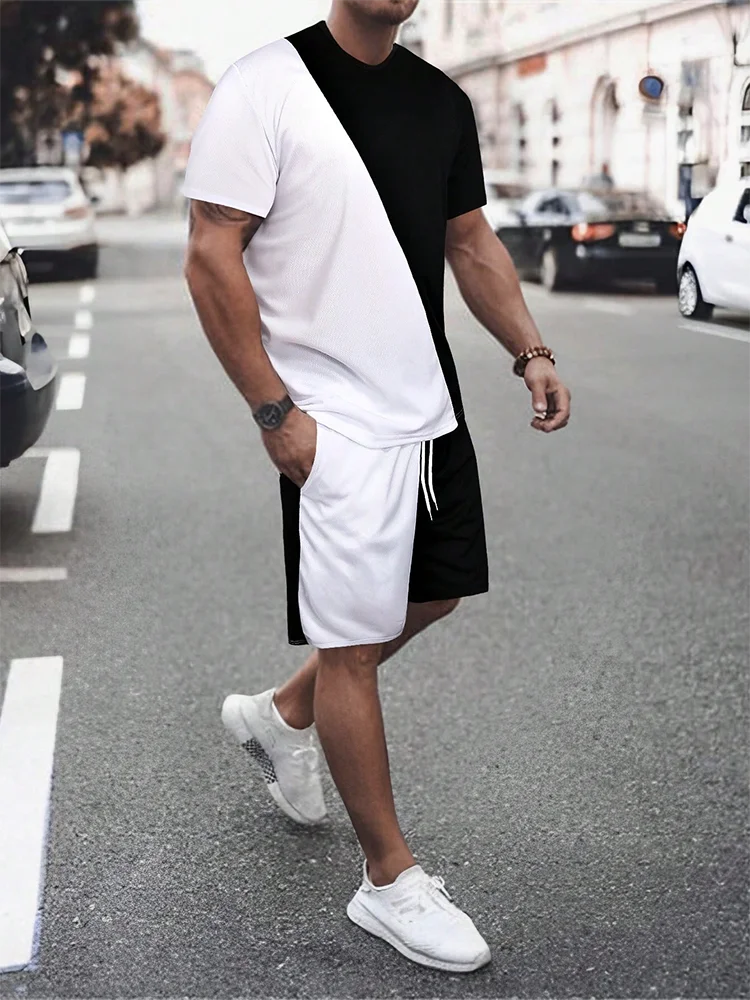 2025 Mens Summer Casual Suit Textured Printed Mixed Color Short Sleeve Outdoor Street Fashion Shorts Two Piece Pocket Loose Suit