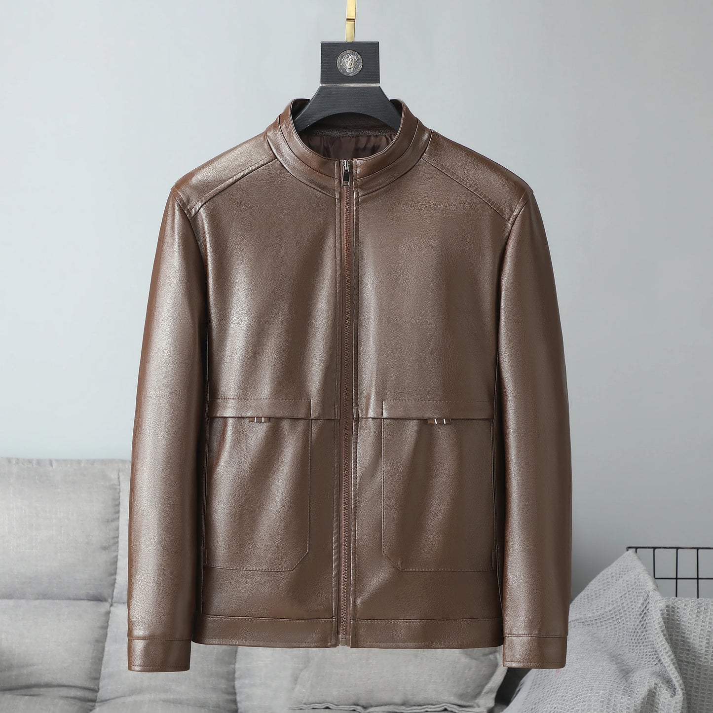 2025 New Autumn Men Leather Jacket Stand Collar Business Casual Relaxed Fit Dads Leather Jacket for Middle Aged Men Comfortable