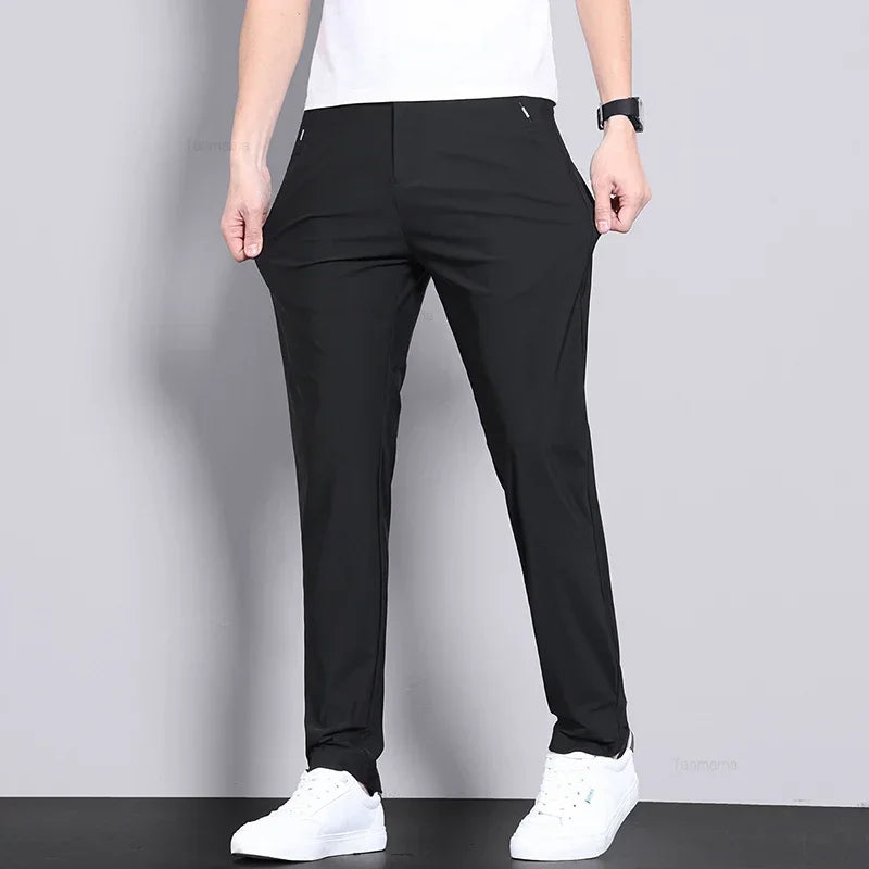 Ultra-thin Elastic Men's Casual Trousers Summer Quick-drying Ice Silk Slim Straight Business Solid Color Trousers Black Gray
