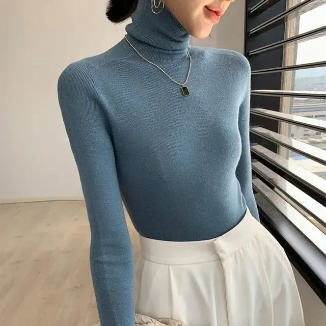 2025 Korean Style Turtleneck Long Sleeve Pullover Fashion Soft Warm Basic Sweater Women's Autumn Winter Slim Solid Knitwear Tops