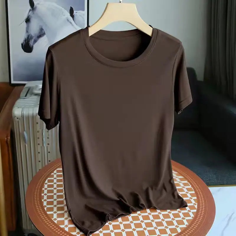 Fashion 2025 New Korean Women's Modal ONeck Short Sleeve T-Shirt Coffee Solid Color Casual Summer Lady Clothing Tee Basic Top
