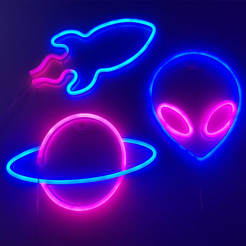 Space Neon Night Light Usb ET Planet Rocket Led Lights 3D Art Night Lights Lamp For Bedroom Wall Neon Led Strip AA Battry