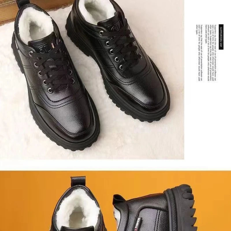 2025 Winter Men's Business Casual Leather Shoes, Men's Fashionable Breathable Shoes, Casual Lace-up Single Leather Cotton Shoes