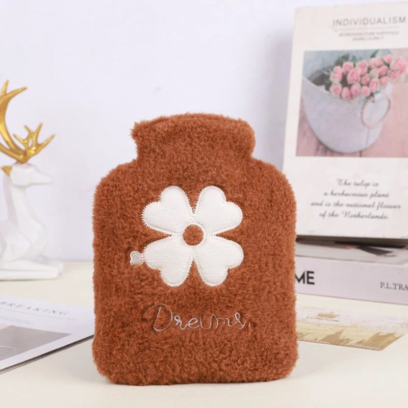 1pc 500ml Warm Water Bag Water-filled Hot Water Bottle Heat Pack Hand Warmer with Plush Cover for Winter Menstrual Cramps