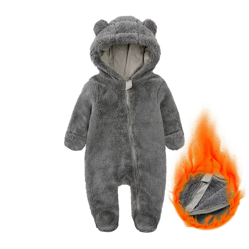 2025 Winter Baby Rompers Infant Fleece Bear Hooded Onesies Newborn Baby Boy Girl Zipper Jumpsuit Bodysuit Pyjamas