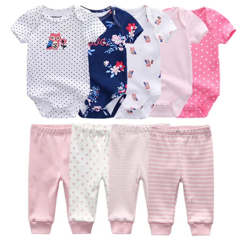 9 Pcs/Lot Unisex Newborn Bodysuits+Pants Clothing Sets Cartoon Cotton Baby Boy Girl Clothes
