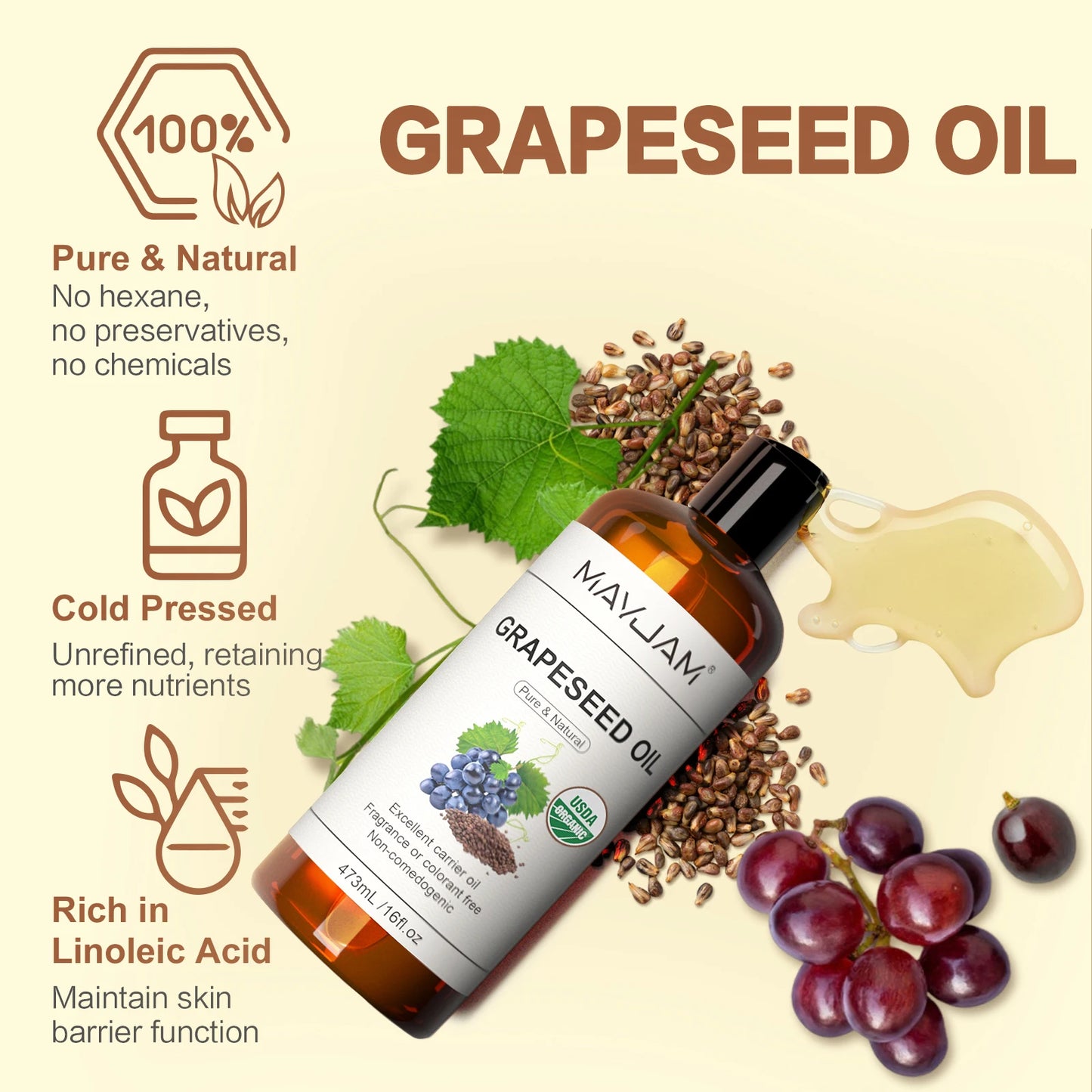 16fl.oz Organic Grapeseed Oil for Skin Care Cold Pressed Pure Natural Carrier Oil Body Oil Massage Nourish Moisturize Brighten