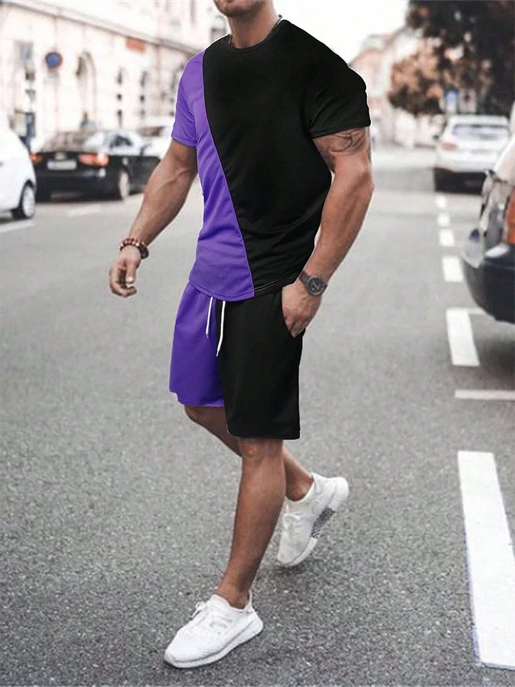 2025 Mens Summer Casual Suit Textured Printed Mixed Color Short Sleeve Outdoor Street Fashion Shorts Two Piece Pocket Loose Suit