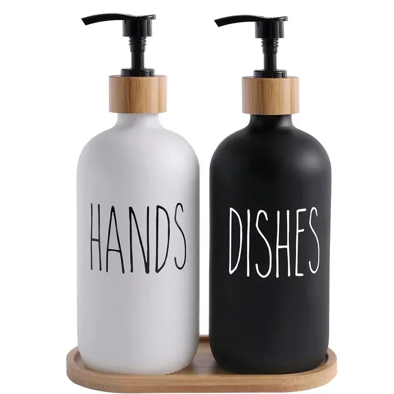 2Pcs 500ml Hand Dish Soap Dispenser Empty Pump Bottle, Farmhouse Kitchen Counter Decor Organization with Silicone OR Bamboo Try