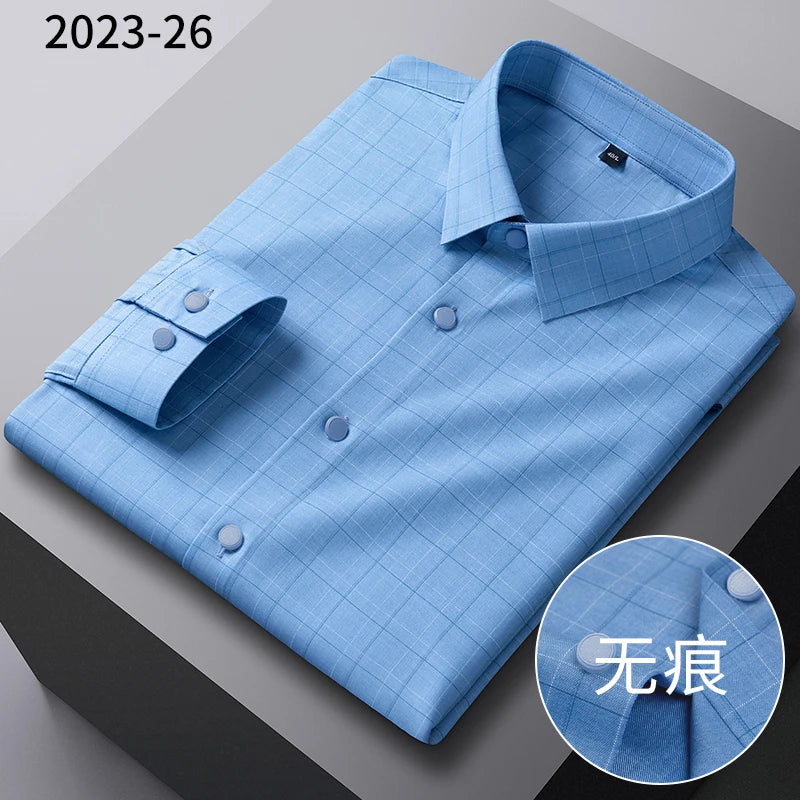 2025New Bamboo Fiber Men's Shirt Fashionable Business Casual Men Clothing Solid Color Elastic No-Iron Easy-Care Long-Sleeved Top