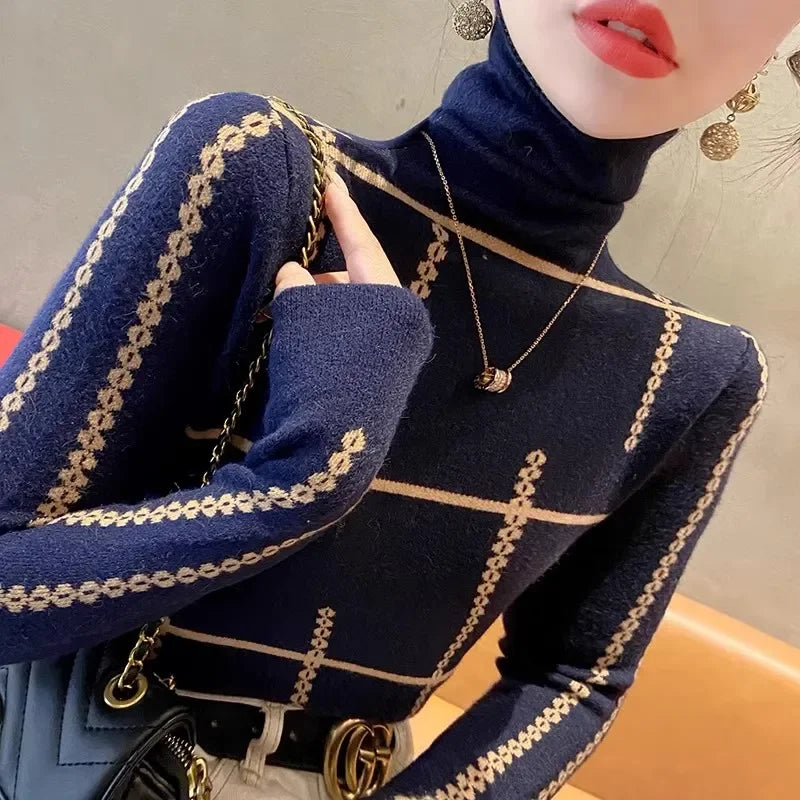 Women Commute Fashion Jacquard Turtleneck Sweaters Autumn Winter Temperament Elegant Elastic Slim Knitted Pullovers