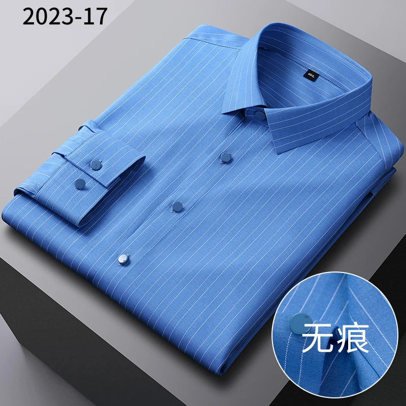 2025New Bamboo Fiber Men's Shirt Fashionable Business Casual Men Clothing Solid Color Elastic No-Iron Easy-Care Long-Sleeved Top