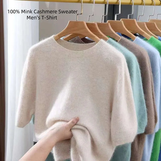 100% Mink Cashmere Knit Sweater Men's T-Shirt Spring Summer Loose O-Neck Solid Color Casual Business Base Pullover Short Sleeve